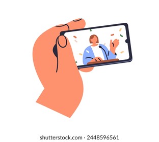 Holding smartphone, watching and playing online video, internet news broadcast. Hand with mobile phone, horizontal cellphone screen, display. Flat vector illustration isolated on white background