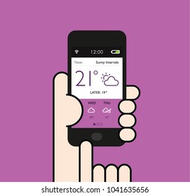 Holding a smartphone with a weather app interface