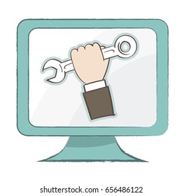 Holding spanner icon, holding wrench icon on computer monitor - simple style design - Vector Illustration.
