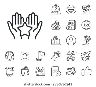 Holding star sign. Salaryman, gender equality and alert bell outline icons. Ranking line icon. Best rank symbol. Ranking line sign. Spy or profile placeholder icon. Online support, strike. Vector