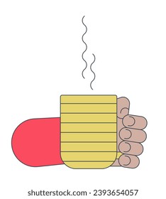 Holding steamed cup linear cartoon character hand illustration. Drinking coffee outline 2D vector image, white background. Mug holding. Enjoying tea tasty beverage editable flat color clipart