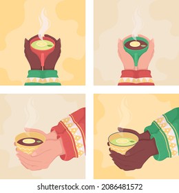 Holding steaming cup of lemon tea flat color vector illustration set. Cozy beverage for cold weather. Herbal drink. Warm liquid 2D cartoon first view hand with abstract background collection