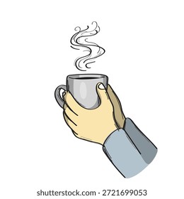 Sosteniendo taza humeante de té o café ilustración Vector boceto con líneas negras