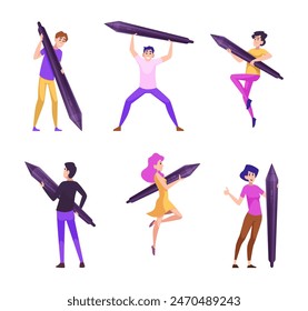 Holding stylus. People drawing pictures with big stylus exact vector funny characters in action poses