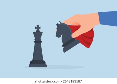  businessman holding super powerful knight chess piece to enter winning move.
