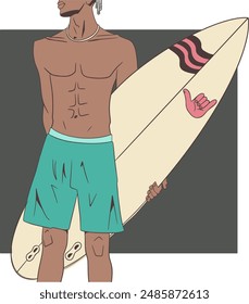 The тan is holding the surfboard on a white background. Vector illustration. Color illustration.