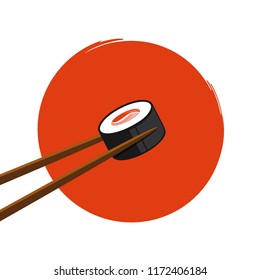 holding sushi with salmon with chopsticks on an orange background vector illustration EPS10