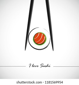 holding sushi with salmon with chopsticks vector illustration EPS10