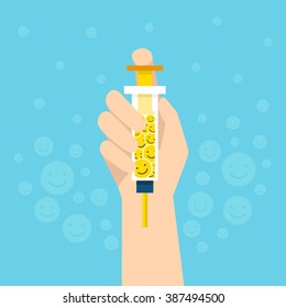 Holding Syringe with happy vaccines, Self injection, flat Design, Health care and medical concept