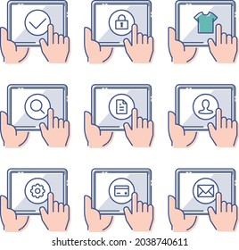 holding tablet with various icons set