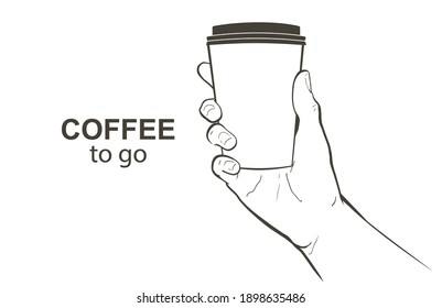 Holding a take-away hot Coffee paper cup. Drinking cappuccino espresso to go. Coffee break at the cafe shop. Person barista gives another a mug from hand to hand. Vector realistic vintage illustration