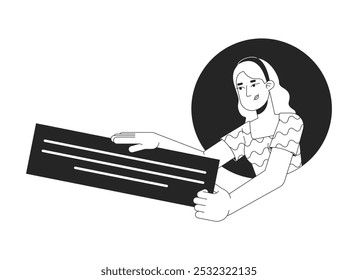 Mujer de la caja de texto que sostiene en el carácter blanco y negro de la línea 2D del marco del círculo. Contesta la cita. Mujer caucásica rubia que presenta la persona aislada del contorno del Vector del bloque de texto. Ilustración de punto monocromático