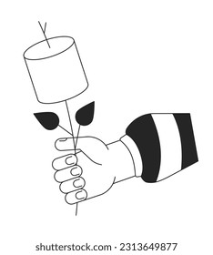 Holding toasted marshmallow stick bw vector spot illustration. Roasted chewy snack on skewer 2D cartoon flat line monochromatic first view hand for web UI design. Editable isolated outline hero image