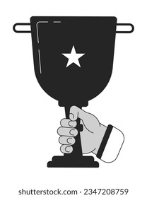 Ilustración vectorial de la copa de trofeo de contención bw. Trofeo 1er lugar 2D caricatura de línea plana monocromática mano para el diseño de interfaz de usuario web. Ganar el premio. Imagen de héroe de contorno aislado editable del ganador de la celebración