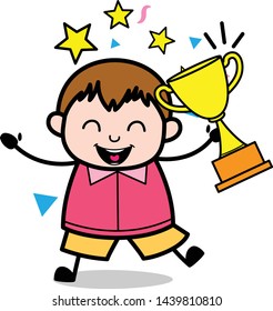 Holding a Trophy and Getting Excited - Teenager Cartoon Fat Boy Vector Illustration