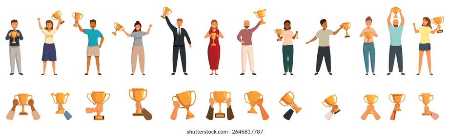 Holding trophy icons set. Successful entrepreneurs and business people holding golden trophy cups, celebrating victory and achievement