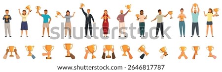  Holding trophy icons set. Successful entrepreneurs and business people holding golden trophy cups, celebrating victory and achievement