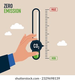 Holding and  turning gauge arrow pointer to lowest level of CO2. New energy to energy and transportation. Zero emission. Vector illustration