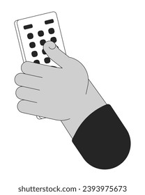Holding tv remote control cartoon human hand outline illustration. Program switch on television 2D isolated black and white vector image. Changing channels device flat monochromatic drawing clip art