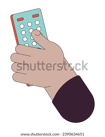 Holding tv remote control linear cartoon character hand illustration. Program switch on television outline 2D vector image, white background. Changing channels device editable flat color clipart