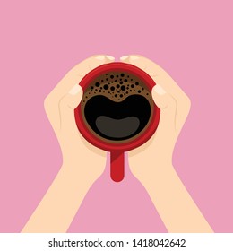 Holding two hands hot coffee red cup. flat cartoon design vector illustration isolated on pink background.