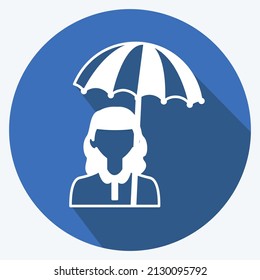 Holding umbrella Icon in trendy long shadow style isolated on soft blue background