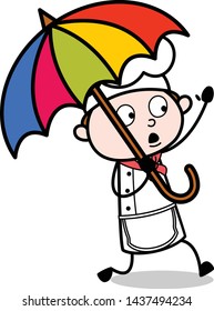 Holding an Umbrella and Running - Cartoon Waiter Male Chef Vector Illustration