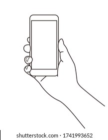 Holding and using cell phone at hand, line illustration, graphic element