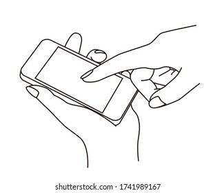Holding and using a cell phone (mobile phone) at a hand, line illustration, graphic element
