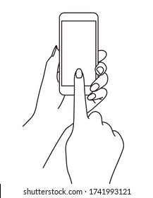 Sostener y utilizar un teléfono móvil (teléfono móvil) a mano, ilustración de línea, elemento gráfico