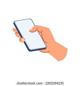 Sostener y usar smartphone, mano aislada de usuario con un dispositivo moderno y pantalla grande. Pantalla táctil del teléfono en armas. Vector de dibujos animados planos