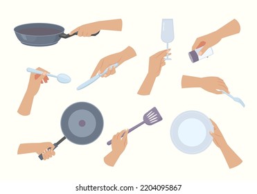 holding utensils. kitchen tools in hands knives spoon dishes and plates forks. Vector cartoon illustrations