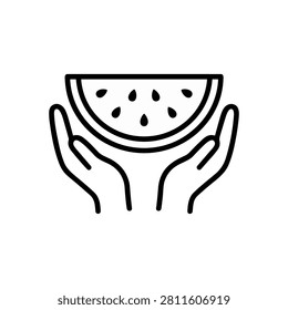 Holding Watermelon Icon Containing watermelon slice, caring hands, healthy fruit, and outline icon. Outline icon