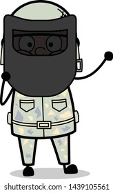 Holding a Welding Mask in Front of Face - Cute Army Man Cartoon Soldier Vector Illustration