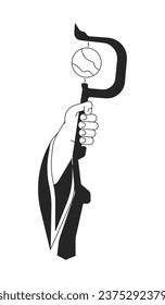 Mantener el personal del asistente con objeto vector aislado monocromo plano. Maqueta de madera para trucos de magia. Dibujo de arte en blanco y negro editable. Ilustración simple de la mancha para el diseño de gráficos web