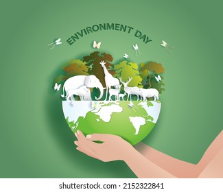 Holding the world environment Day, Save the planet and world concept, Paper cut and origami craft style. Vector illustration world environment wildlife day. Paper illustration, and 3d paper.