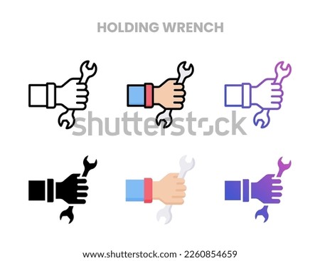 Holding Wrench icons vector illustration set line, flat, glyph, outline color gradient. Great for web, app, presentation and more. Editable stroke and pixel perfect.