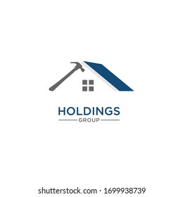 holdings logo design with roof and hammer concept illustration