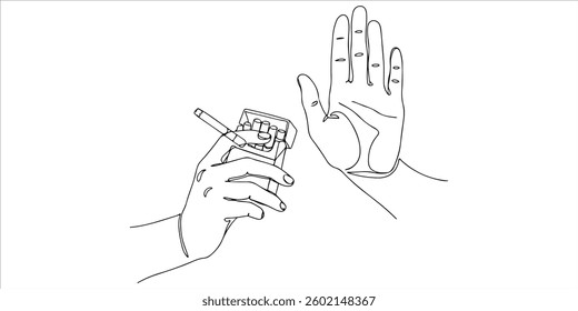 holds a cigarette a single continuous line illustration shows one hand holding a pack of cigarettes, while the other hand is raised in a gesture signaling stop This minimalist design symbolizes