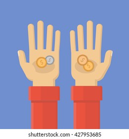 Holds Coins In Hand. Low Salary. Simple, Flat Style. Graphic Vector Illustration.