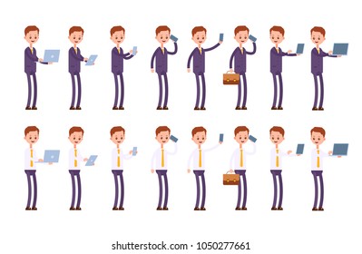 holds a laptop, tablet, phone. does selfie, shows the laptop screen. businessman. cartoon character set