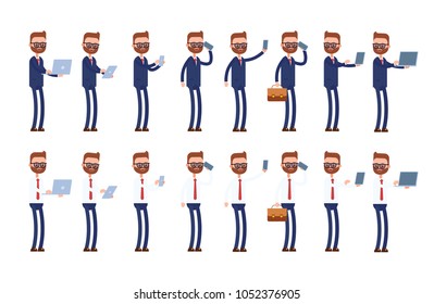holds a laptop, tablet, phone. does selfie, shows the laptop screen. businessman. cartoon character set