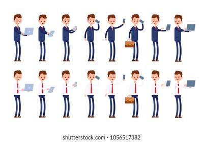 holds a laptop, tablet, phone. does selfie, shows the laptop screen. businessman. cartoon character set