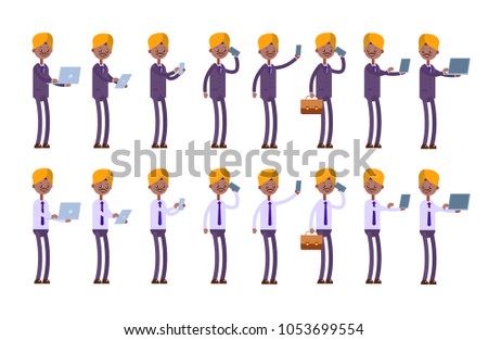 holds a laptop, tablet, phone. does selfie, shows the laptop screen. indian businessman. cartoon character set