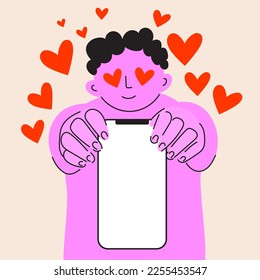 Сharacter holds the phone with the screen facing viewer. Man exciting by the phone and pulls his hands to it. Smartphone with empty screen. Phone template with positive person who likes product