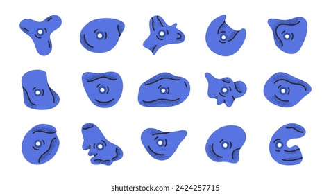 Holds for rock climbing walls. Alpinism climbing wall hooks, alpinism training fasteners and crimps flat vector illustration set. Climbing grips collection