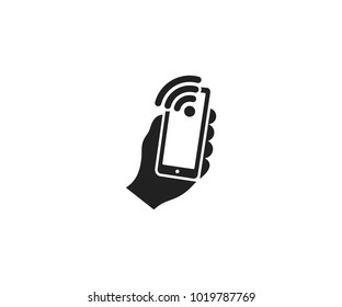 Holds a smartphone and a sign wi-fi logo template. Mobile phone search and connection of a wifi vector design. Smartphone connects to the Internet illustration