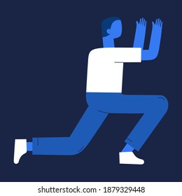 Holds something in his hands, flat illustration. A man pulls his hands up, pulls his hands towards something. To be in space