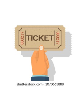 Holds tickets in hand, isolated on white background. Man shows gives buy a ticket. Vector illustration flat style design. Coupon on concert. Access entertainment, cinema, theater. Pass permission.