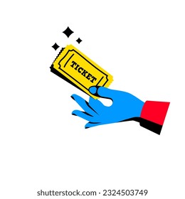 Holds tickets in hand, isolated on white background. Man shows gives buy a ticket. Vector illustration flat style design. Coupon on concert. Access entertainment, cinema, theater. Pass permission.